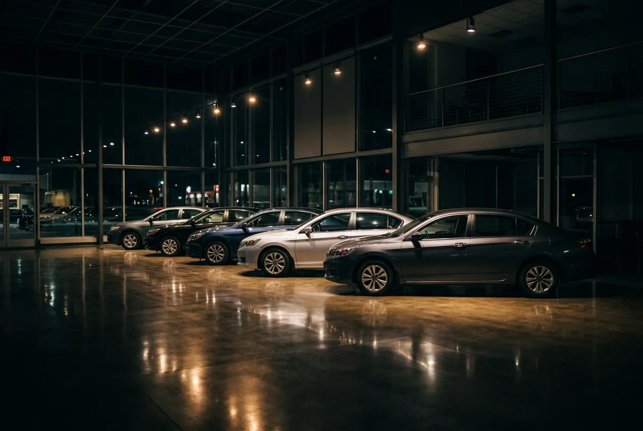 Showroom de concessionária à noite